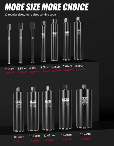 Multiple sizes of Beastly Wet Diamond Core Drill Bits for reinforced concrete and masonry on display, including 3 inch and others.