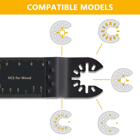 Versatile 100 Piece Oscillating Saw Blade Kit for Wood Metal Plastic with Quick Release Fits Dewalt Ryobi Bosch Milwaukee Universal Oscillating Tool Blades for Any Job in the Workshop Pro Grade - detailed compatibility view.