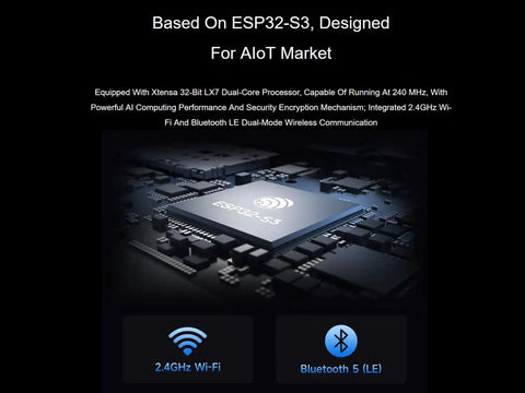 ESP32-S3 chip with 2.4GHz Wi-Fi and Bluetooth 5 features, designed for AIoT market, highlighting computing performance and encryption.