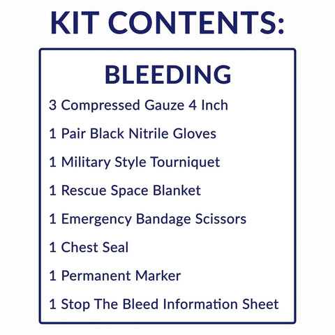 Image showing contents of Stop the Bleed 10-Piece Bleeding Control Kit With Tourniquet, including gauze, gloves, and chest seal.