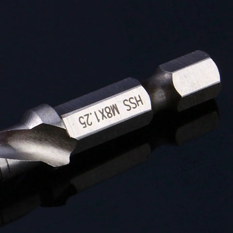 All In One HSS Drill Tap Bit M8 X 1.25 Self Centering Chamfering Tool with visible hex shank and drill tip for metal use