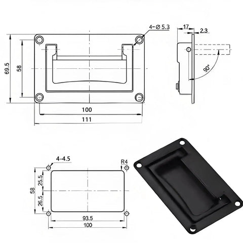 Diagram and image of recessed flush pull handles 4.37 inch set of 2 in zinc alloy black finish for toolboxes, cabinets, boxes, and containers