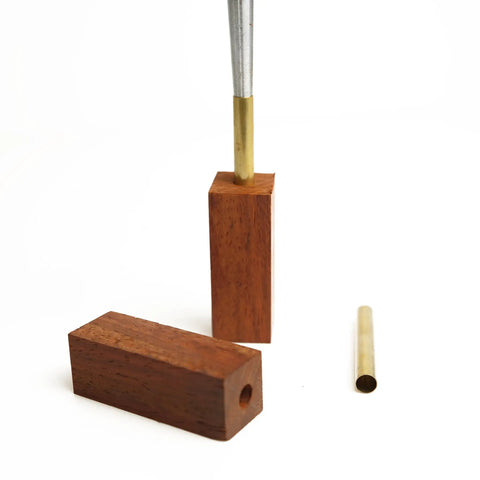 Pen Mandrel Saver Universal Barrel Trimming System Pen Tube Insertion Tool Kit showing wooden blocks and brass tube.