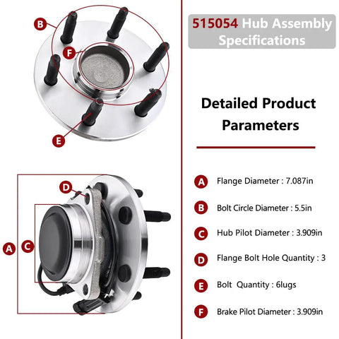 Front 2WD Wheel Bearing Hub And Bearing Assembly For Chevy Tahoe Silverado 1500 Suburban Avalanche Express 6 Lug With ABS Fits GMC Yukon XL 1500 Sierra Savana Cadillac Escalade 515054 with dimensions shown