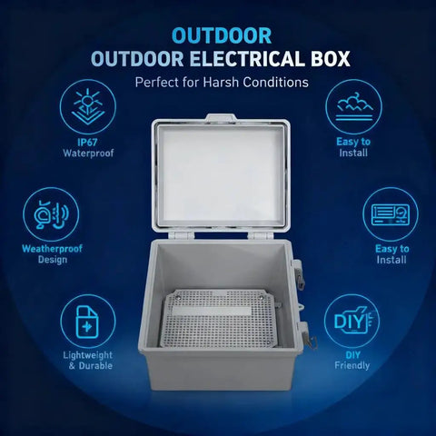 Weatherproof ABS Electrical Enclosure 190x290x140mm Outdoor Junction Box With Stainless Steel Latch shown open with features highlighted