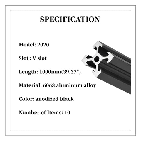 Ten Pack 39.37 Inch 1000Mm V Slot Aluminum Extrusion Profiles Black Anodized European Standard Linear Rail Guide for 3D Printers