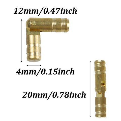 Close-up view of Hidden Brass Barrel Hinge Set 24 Pack 4x20mm Mini Concealed Hinges with dimensions for Jewelry Boxes, Music Boxes, Cabinets.