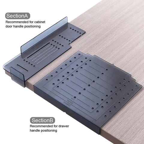 Silver Cabinet Handle Template Tool For Quick Marking And Drilling Of Cabinet Knobs And Pulls on a wooden surface