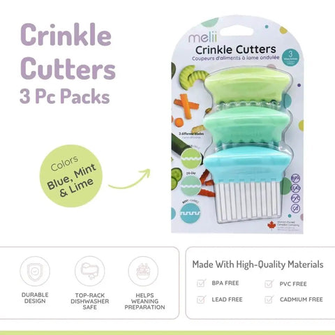 Stainless Steel Crinkle Cutters Three Blade Set With Wavy Zigzag And Boxy Blades For Cutting Vegetables Fries Fruits And Baby Led Weaning Blue Mint Lime 3 Pack in packaging.