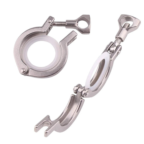 Two 2-inch stainless steel tri-clamp ferrules with white silicone gaskets and wing-nut clamps