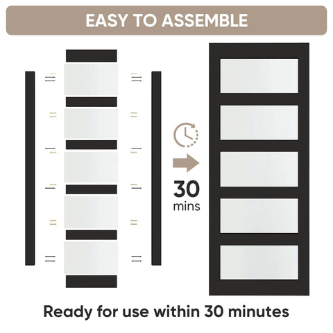Glass Barn Door 42x96 Inch with 5-Panel Frosted Glass, solid wood frame, black finish, easy assembly guide, nickel hardware.