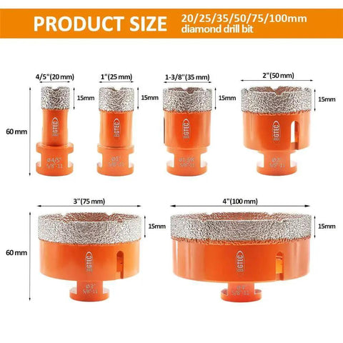 Six Piece Dry Diamond Core Drill Bits Set For Porcelain Tile Ceramic Marble Brick Hole Saw Sizes 20mm 25mm 35mm 50mm 75mm 100mm Fast Clean Drilling And Smooth Cuts