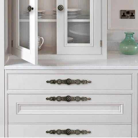 Antique Bronze Cabinet Pulls With Plate, 6.5 Inch Zinc Alloy Handles installed on white kitchen drawers