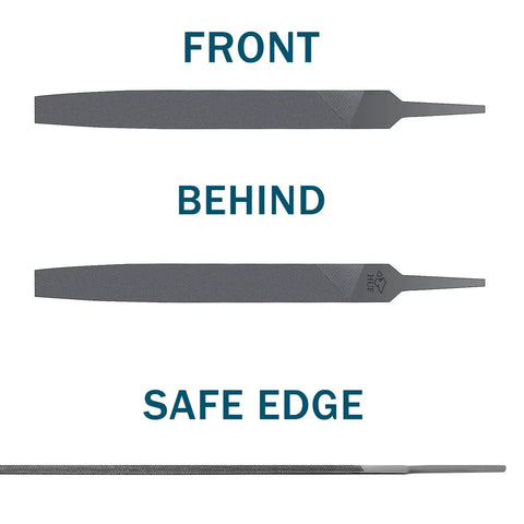 Flat 6 Inch Hand File With Double Cut Teeth And Single Cut Edge Made From High Carbon Steel Hardened For Durability.