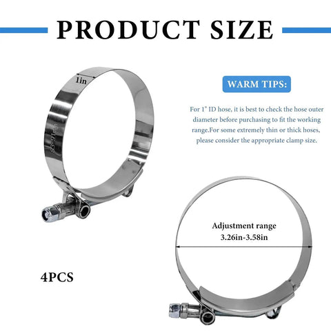 4 Pack Stainless Steel T-Bolt Hose Clamp Set for 3 Inch Hoses, adjustable 83-91mm range, product dimensions and tips shown