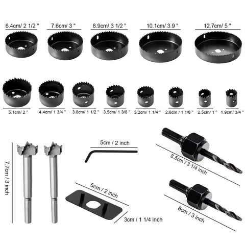 22 Piece Hole Saw Kit For Fast Clean Cuts From Three Quarters Of An Inch To Five Inches Includes 13 Saw Blades 2 Mandrels 2 Drill Bits Hex Key And Storage Box Ideal For Soft Wood Plywood Drywall And PVC Projects, showing saw blades and accessories.