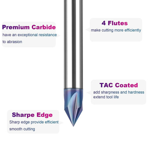 TAC Coated 60 Degree V Groove Router Bit With 4 Flutes And 1/4 Inch Shank Carbide Chamfer End Mill, side view.