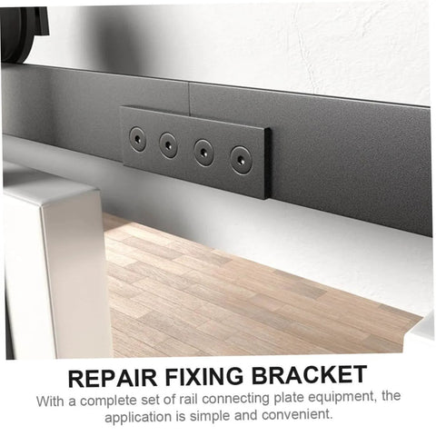 Close-up of Heavy Duty Track Connecting Plate Set for Barn Doors Carbon Steel Bracket Connectors with Easy Install Flat Mending Plates