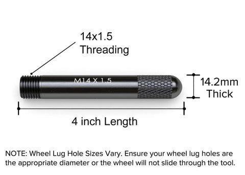 Wheel Hanger Alignment Pin Guide Tool For Lug Hole Alignment And Hub Support Metric M14x1.5 Threads, 4 inch long, knurled end