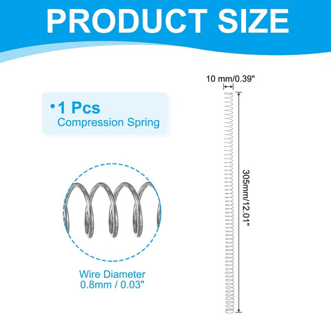 304 stainless steel compression spring, 0.8 mm wire, 10 mm OD, 305 mm long, 1 pc