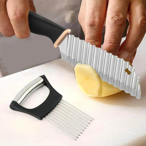 Crinkle Cutter Knife With Rubber Handle Stainless Steel Wavy Blade Fries Cutter Slicer For Potatoes Onions And Veggies Handy Kitchen Chopping Tool For Home Use Black with black handle and circular wavy blade slicing a potato on a surface.