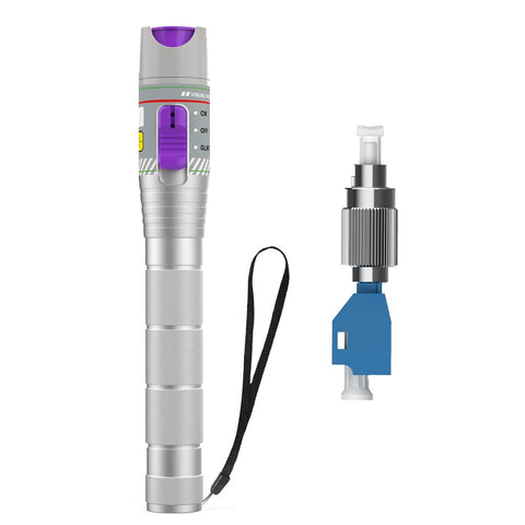 Purple Visual Fault Locator VFL handheld fiber tester with knurled metal body and blue connector adapter