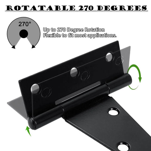 Six Pack 6 Inch T Strap Heavy Duty Gate Hinges shown with 270-degree rotation ability, black rustproof tee hinge for wood gates and sheds.