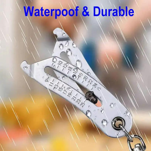 2025 Upgraded Dual Scale Bolt Size Finder Keychain with SAE and Metric Laser Etched Gauges for Nut and Bolt Sizing, shown in rain.