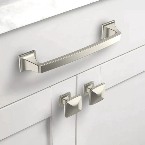 10 Pack 5 Inch 128mm Brushed Satin Nickel Cabinet Handles for kitchen cabinets and drawers, installed on white cupboard