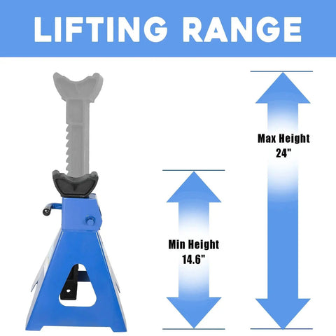 Diagram of 6 Ton Adjustable Jack Stands Heavy Duty Steel Lifting Stand 14.6 To 24 Inches showing height range and structure.