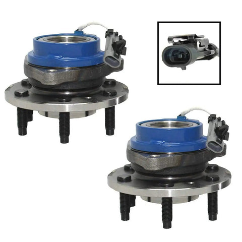 Front Wheel Hub And Bearing Assembly Direct Fit For Buick Lucerne Allure Century Lacrosse LeSabre Park Avenue Rendezvous And Chevy Impala Monte Carlo Bonneville Grand Prix Pontiac shown in a set of two with close-up of connector.