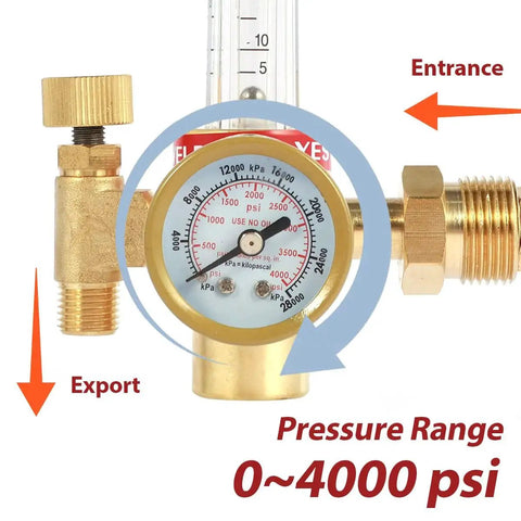 MIG TIG Gas Flow Meter For Argon CO2 Helium Nitrogen Welding 0 To 4000 PSI Gauge with copper body and pressure indicators