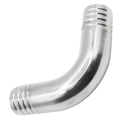 Stainless steel 304 sanitary hose barb elbow, 1-1/4-in barb ends, 90-degree curved fitting.