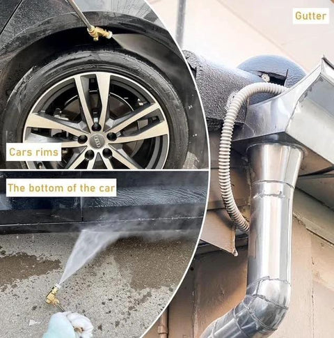 Pivoting Pressure Washer Coupler With One Quarter Inch Quick Connect For Gutter Cleaning Attachment 240 Degree Reach With Seven Angles Fits Power Washer Nozzle Up To 4500 PSI Durable Safety Gear For Hard To Reach Areas, cleaning car rims and a gutter.
