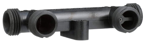 Black plastic sensor valve body with two end fittings and center branch for a recirculating hot water pump system.
