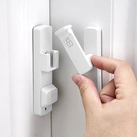 Hand installing Matte White 90 Degree Barn Door Lock With Dual Locking System Zinc Alloy Right Angle Latch on door