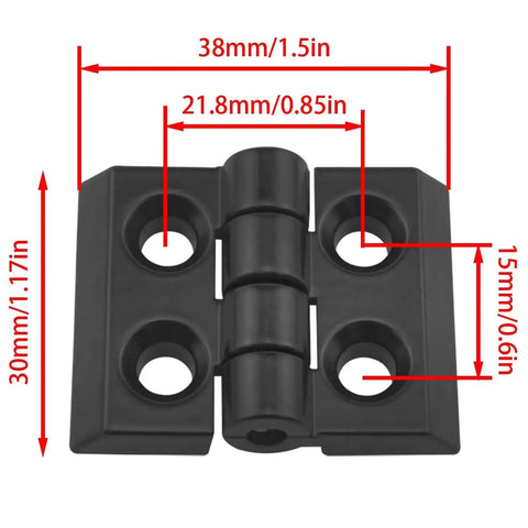 Product diagram showing dimensions of the 4 Sets Zinc Alloy Hinges For 2020 Aluminum Extrusion Black 6mm Profile Slot.