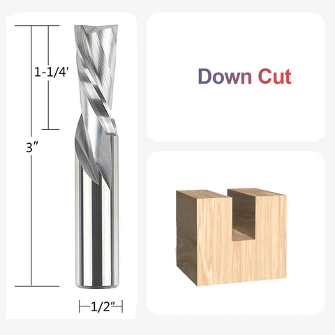 Downcut Spiral Router Bit For Wood Carving One Half Inch Shank One Half Inch Cutting Diameter Solid Carbide CNC End Mill For Plunge Cuts One And A Quarter Inch Cutting Length Three Inch Total Length Fits One Half Inch Collets SpeTool showing dimensions and wood cut example