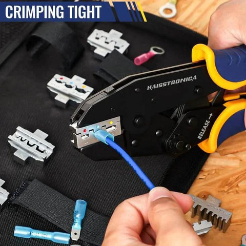 Close-up of 6 In 1 Ratchet Crimping Tool Kit With Interchangeable Dies in use on blue insulated connector