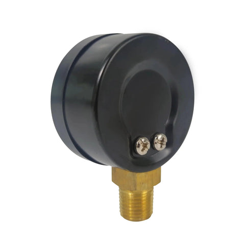 Side view of the Beefy Dry Utility Vacuum Pressure Gauge With Dual Scale PSI And Bar 30 InHg To 0 PSI Black Steel Lower Mount
