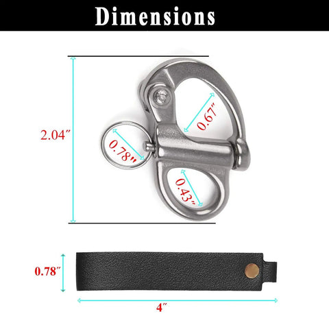 Front view of two-piece quick-release shackle in marine-grade 316 stainless steel with leather strap for SCBA mask lanyard