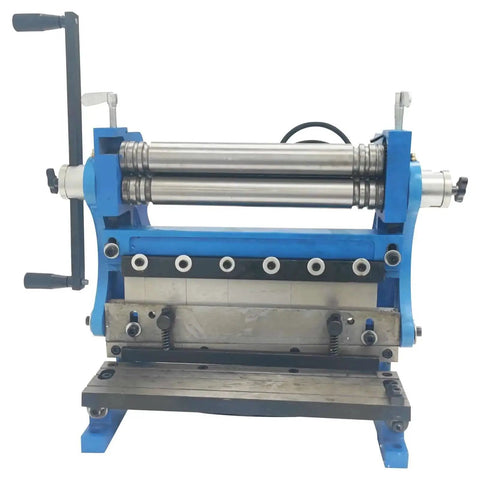 Front view of All In One Sheet Metal Brake Shear And Slip Roll Machine 3 In 1 Bender Cutter Roller for steel plate with 12 inch bed width