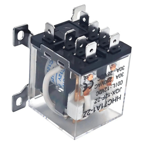 Heavy Duty 12V DC Relay Pack of 2 With 8 Pin Coil, 30A DPDT, 2NO and 2NC Contacts, Flame Retardant Housing shown from side angle
