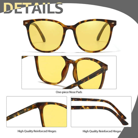 Polarized Night Vision Driving Glasses For Women With Yellow Lens UV400, featuring tortoiseshell frame and reinforced hinges detail.
