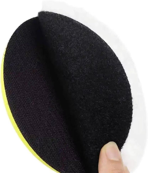 Close-up of hand holding 6 Inch Wool Polishing Pad Kit With Backer Pad And M14 Drill Adapter For Drill Buffers Includes Four Thick Wool Pads