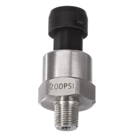 AUTEX 200 PSI stainless steel pressure transducer with 1/8-27 NPT thread and black connector harness