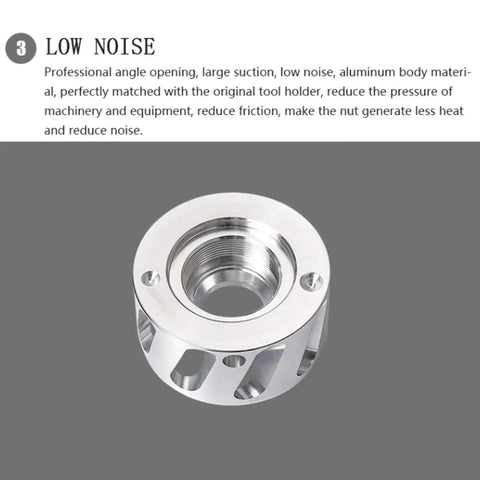 ER32 Dust Chip Extraction Nut For Woodworking CNC Milling Tools, aluminum, corrosion resistant, shown on gray background.