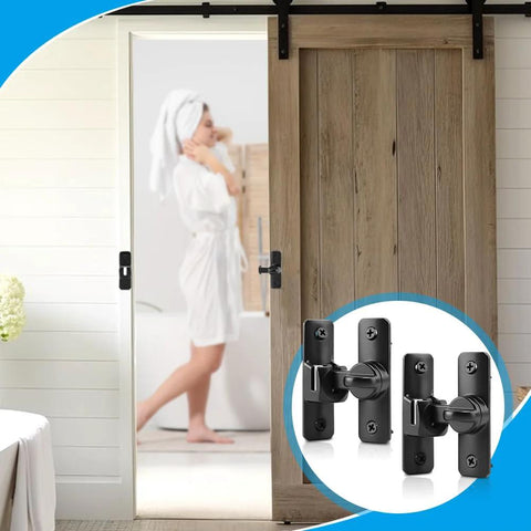 Two Pack Barn Door Lock Latches 90 Degree And 180 Degree Flip Design For Privacy And Security Sliding Door Latch in black on a sliding door