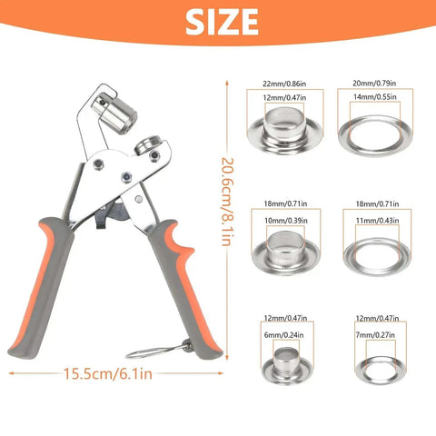 Heavy Duty Grommet Tool Kit With 6mm, 10mm And 12mm Hole Punch, metal pliers, and eyelets size chart