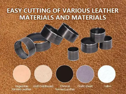 8 Piece Leather Hole Punch Die Set for Leather Craft Circle Cutting Dies shown with different material options